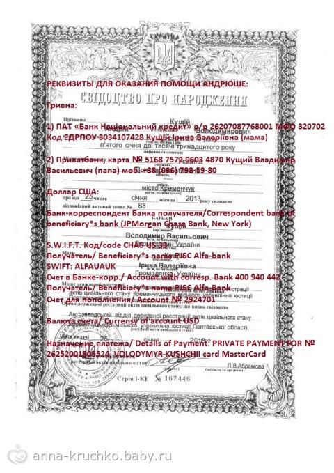 АНДРЮША КУЩИЙ, 1 ГОДИК, РАК ПОЧКИ, СРОЧНО НУЖНЫ СРЕДСТВА ДЛЯ ПОСЛЕОПЕРАЦИОННОЙ ХИМИОТЕРАПИИ!!!