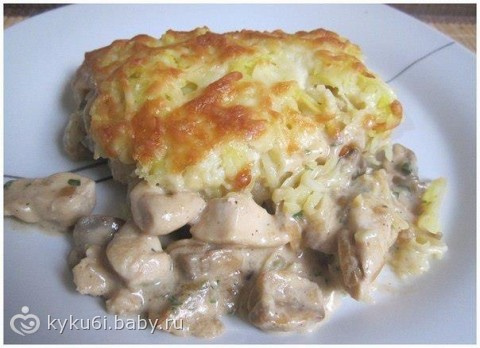 Курица с грибами, запечённая под картофельной шубой+фото